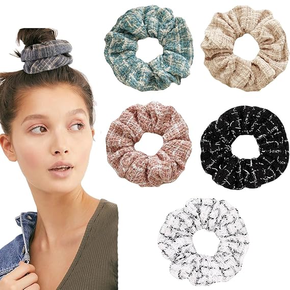 Colorful Velvet Hair Ties Set - 6 Large Hair Bobbles for Ponytail Holders with Plaid Patterns and Strong Elastic