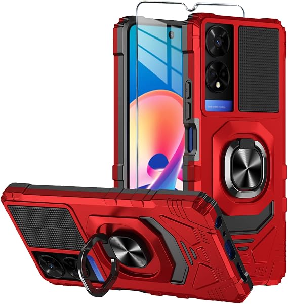 for TCL 50 XE 5G Phone Case TCL 50 XE Nxtpaper 5G Case with Tempered Glass Screen Protector,Military Grade Heavy Duty Shockproof Protective Cover,with Ring Kickstand for 50 XE 5G (Red)