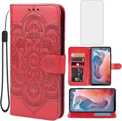 Case for Moto G Play 2024 4G, Moto G Play Gen 3 Wallet Case with Tempered Glass Screen Protector, Leather Flip Credit Card Holder Stand Phone Cover for Motorola Moto G Play 2024 4G Red