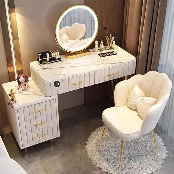 Vanity Makeup Table with 3 Lighting Modes Adjustable Brightness, Round Mirror and Chair, Bedroom Dressing Table with Storage