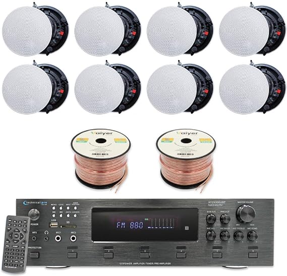 Technical Pro Home Theater Sound System Kit - 6 Channel 6000 Watts Bluetooth Amplifier, 8 Qty of 8 Frameless Ceiling Speakers 300 W Each, 500 ft Speaker Wire & Remote Ideal for Home, Office