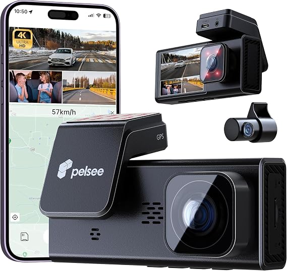 Pelsee 4K 3 Channel Dash Cam Front and Rear Inside, Dash Camera for Cars, 4K+1080P+1080P Dashcam with APP & WiFi, Smart Driving System ADAS DMS, 24H Parking Mode,G-Sensor (SD Card Not Included)