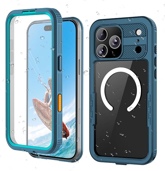 iPhone 17 Pro用 磁気クリア頑丈なケース - ビルトインスクリーンカメラレンズプロテクター、防水防塵ヘビーデューティーフルボディ保護ミリタリーグレード携帯電話カバーティールグリーン