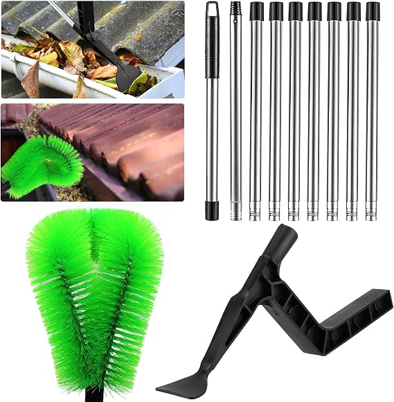 2 in 1 Gutter Cleaning Tools 12.8FT Adjustable Gutter Cleaning Tools from The Ground Gutter Cleaner Scoop Multi-Functional Gutter Cleaner Brush Easily Clear Roof Leaves Debris Roof Gutters