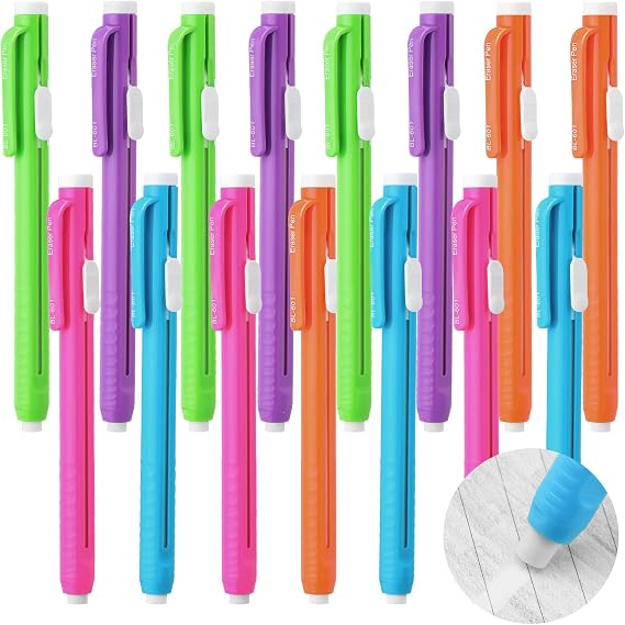 Teling Retractable Eraser Pens Stick Erasers for School, Multicolor, 15 Pcs