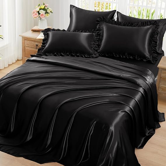 Homiest Ruffled Satin Sheets Queen Size 6pc Set, Black Silk-Like
