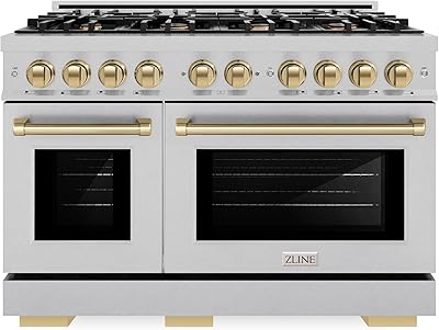 ZLINE Autograph Edition 48 in. 6.7 cu. ft. Select Double Oven Dual Fuel Range with 8 Burner Gas Cooktop in Satin Stainless Steel and Champagne Bronze Accents HDRSZ-48-CB