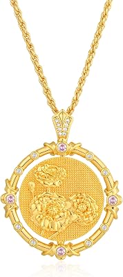 Fettero Gold Necklace for Women Birth Flower Necklace with Birthstone 14K Gold Plated Dainty Rotating Coin Pendant Necklace Personalized Birth Month Jewelry for Birthday Mothers Day Gift 12 Month