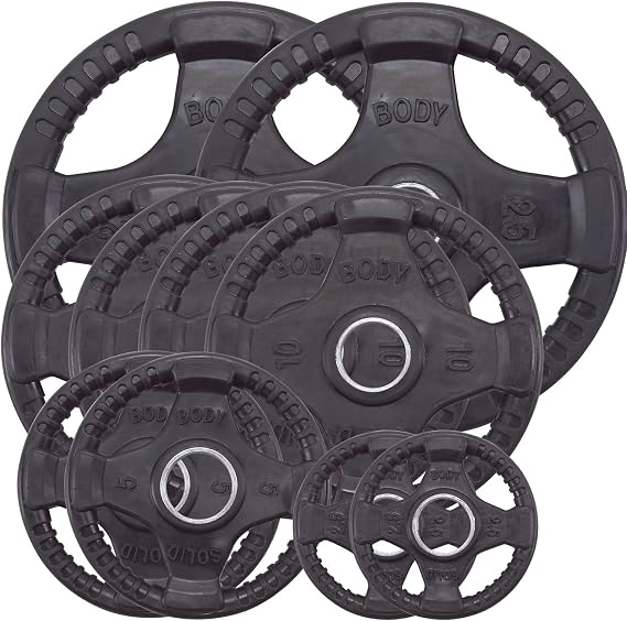 Body-Solid Quad Grip Design Rubber Plate - Olympic Weight Plates, Set with Rubber Coating, Dumbbell & Bumper Weights for Barbell