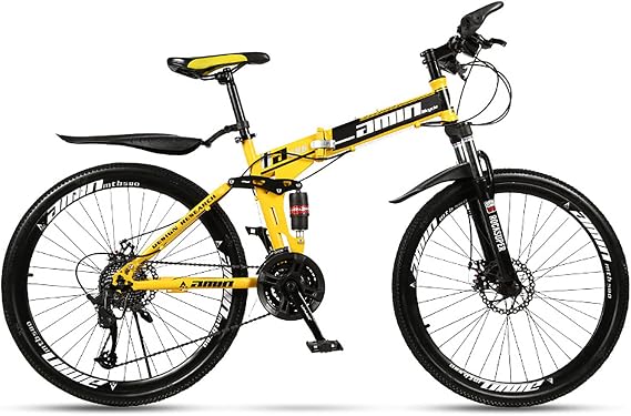 Folding Mountain Bike Bicycle 26 Inch Adult with 21/24/27/30 Speed Dual Disc Brakes Full Suspension Non-Slip Men Women Outdoor Cycling,Yellow,30 Speed