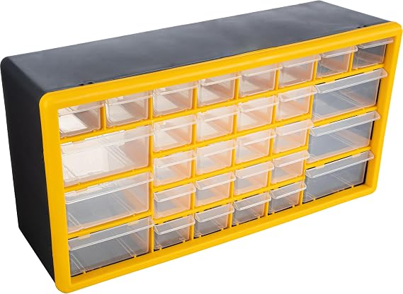 30-Drawer Plastic Small Parts Organizer - Desktop or Wall Storage Drawers for Organizing Hardware, Crafts, Garage, or Classroom by Stalwart (Yellow)