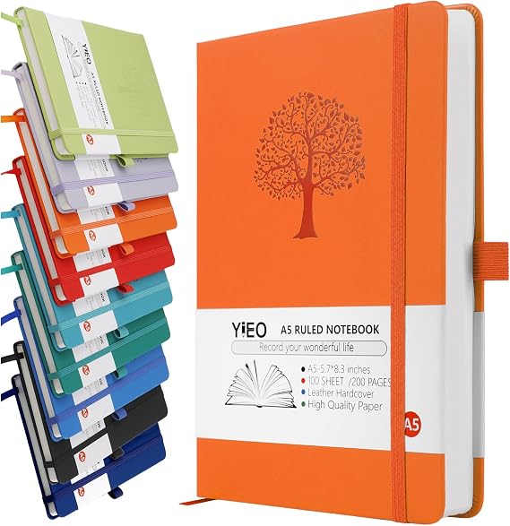 A5 Journal Notebook, 200 Pages Leather Notebook Journal for Men/Women, Hardback Note Book with 80GSM Lined Paper, No Bleed for Writing, Notepad for Office School Supplies, Orange