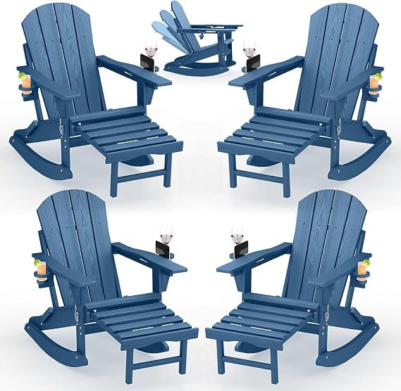 4-Pack Adirondack Rocking Chairs with Retractable Ottoman & Cup Holders, Folding HDPE Patio Rockers for Porch, Deck, Fire Pit, Poly Lumber Outdoor Chairs with Phone Slot, Navy Blue