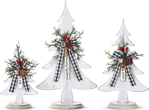 Soaoo 3 Pcs Christmas Trees Wooden Table Decorations, Retro, Tiered Sizes
