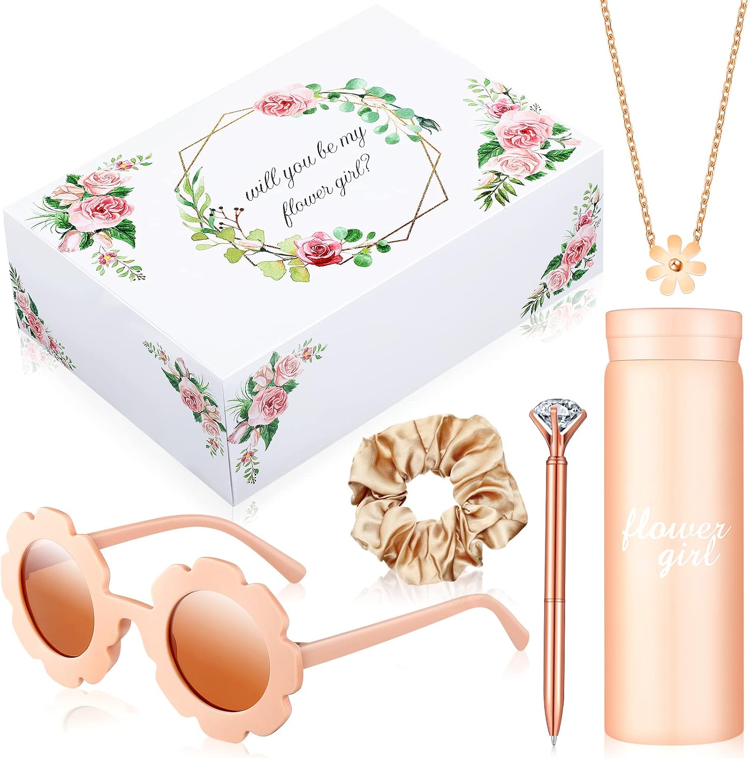 6 Pcs Flower Girl Gifts Flower Girl Proposal Box Set Necklace Round Flower Glasses Water Bottle Diamond Pen Hair Scrunchies Will You Be My Flower Girl Box for Wedding Bride Showers Pink