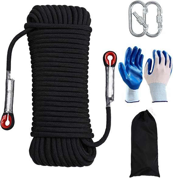 Climbing Rope 10mm 147Ft (45m) Static Climbing Rope Outdoor Rock Climbing Rope Braided Polyester Static Rock Climbing Rope High Strength Outdoor Rope for Rappelling Rescue Rope Black