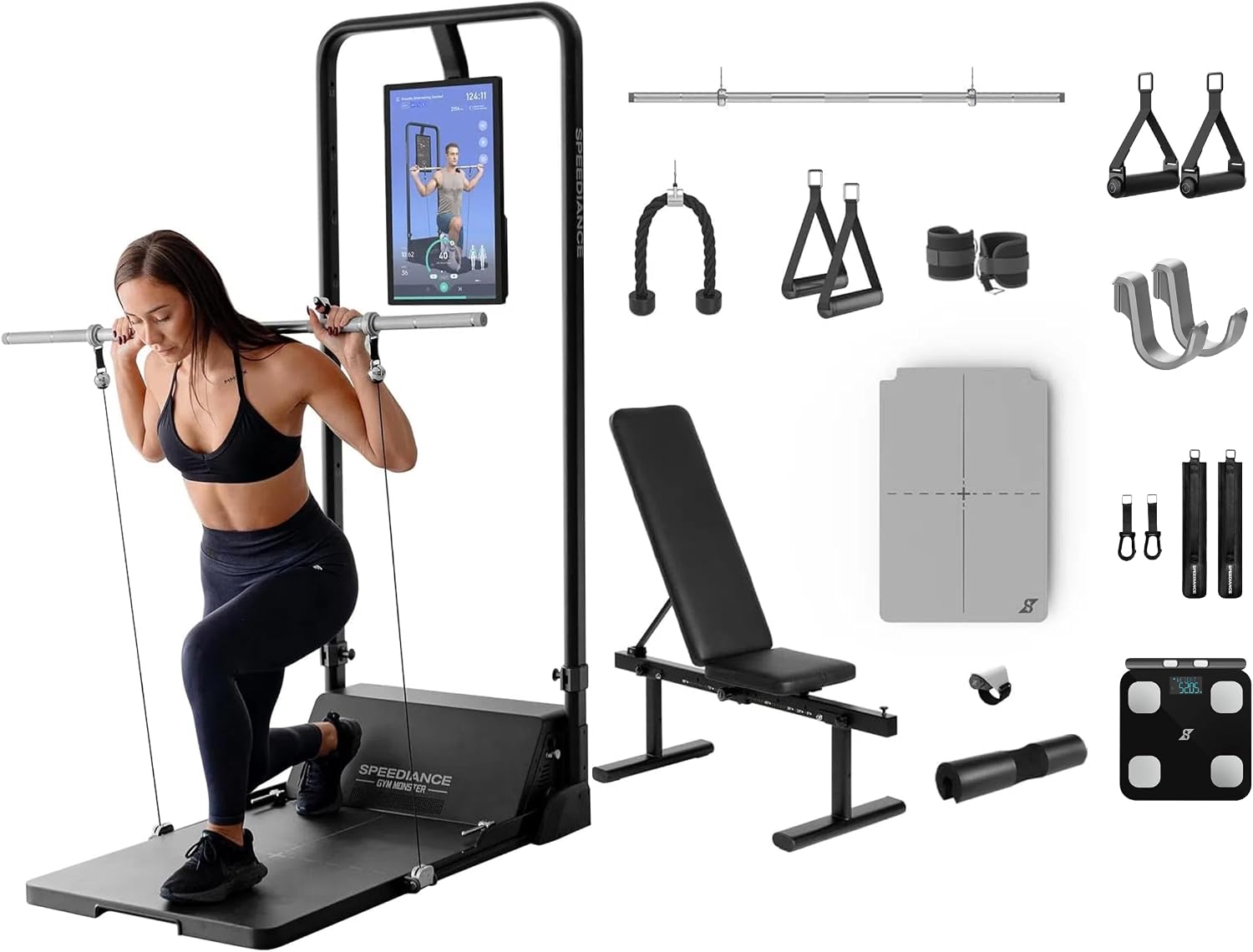 Gym Monster Home Gym Machine, Works Plus & Smart PowerGrip & Adjustable Barbell Hooks & Extender Belt Attachments & Speediance Smart Body Fat Scale Bundle