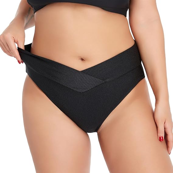 Womens Swimwear Ribbed Crossover High Cut V Waisted Cheeky Bikini Tankini Bottom