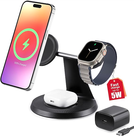 ZECHIN 3 in 1 Wireless Charging Station for Apple Devices with MagSafe