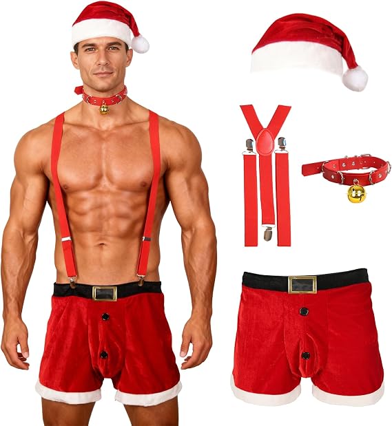 Men's Santa Boxer Briefs Set, Hat, Suspenders and Bell Collar, 4 Pieces