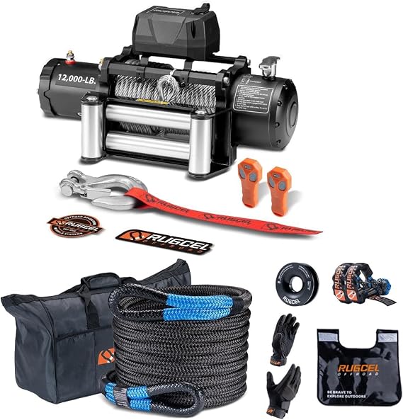 12000LB Steel Rope Winch+RUGCEL Kinetic Recovery Rope kit