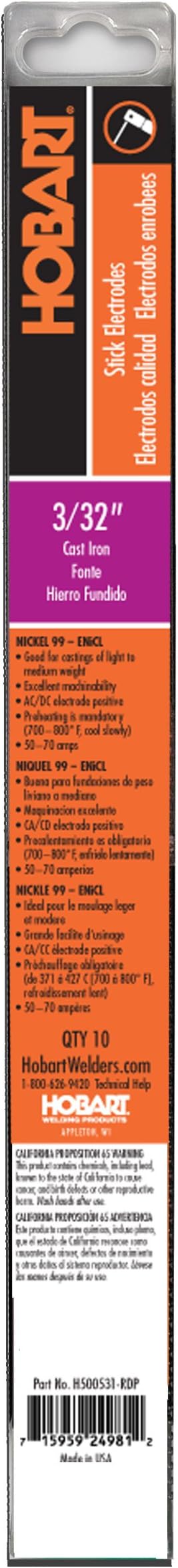 Hobart H500531-RDP Nickel 99 Electrodes, 332-Inch