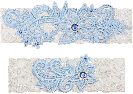 Wedding Garters for Bride, Blue Bridal Garters with Blue Rhinestone 2 Pieces