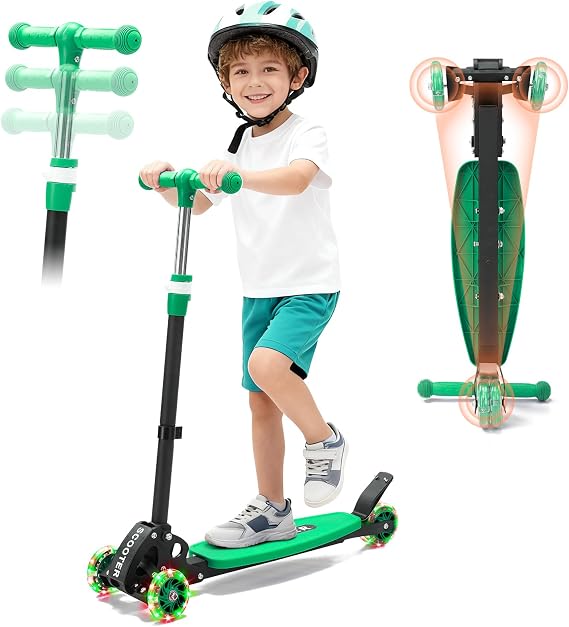Scooters for Kids 6-8 8-12, Folding 3 Lighted Wheels Kick Scooter,3 Adjustable Height Handlebars, Lean-to-Steer,Widen Anti-Slip Deck, Heavy Duty Scooter for Boys Girls Ages 6-12,up to 170 Lbs