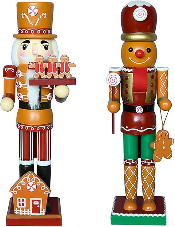 AULUDA 15" Christmas Decorative Nutcrackers, 2 Ginger Bread Men, Handmade Wooden Puppet Figures, Collectible Festive Present Figurine Shelves Tables Decorations