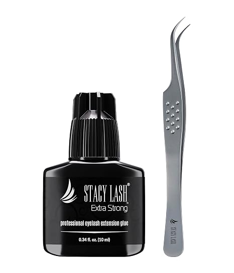 Stacy Lash Extra Strong Eyelash Extension Glue 10ml & STL-10 Curved Tweezers for Extensions/Black Adhesive 0.5-1Sec Drying Time/Angled Tip/Precision Stainless Steel Tool/Professional Supplies