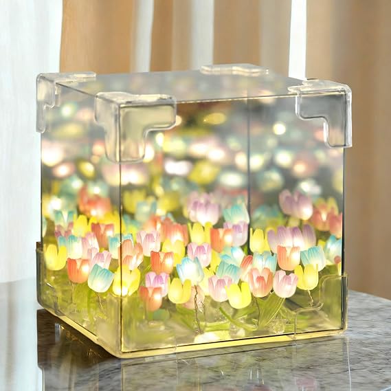 Drawelry DIY Tulip Cube Mirror Lamp 21 Flower DIY Tulip Mirrors Night Light Handmade Tulip Night Light for Bedroom, Gifts for Teen Girls, Gifts for Mom, Tulip Cube Mirror Night Lights (Colorful)