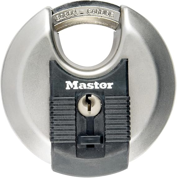 MASTER LOCK Heavy Duty Disc Padlock, Security Level 8/10, Outdoor, Keyed, Stainless Steel, Shrouded Shackle