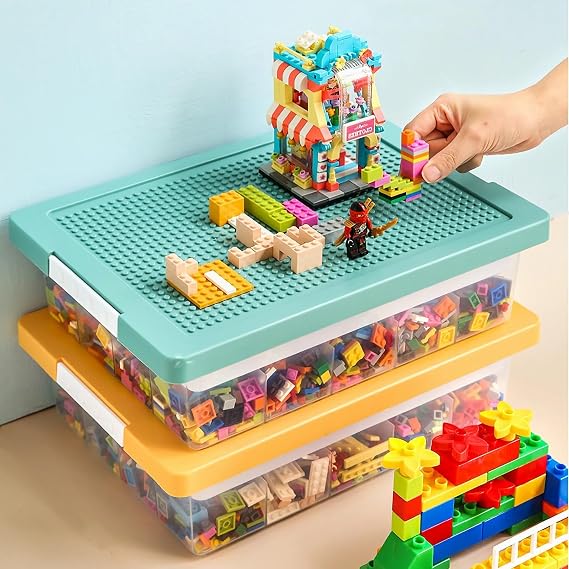 Toys Storage Organizer Box for Lego, Toy Storage Box with Building Plate Lid and Removable Tray, Building Block Storage, Stackable Plastic Organizer Bins(Green)