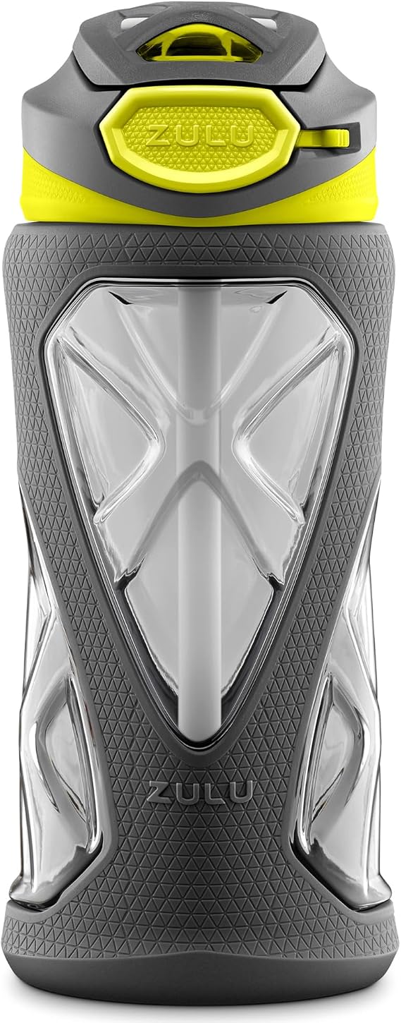 ZULU Torque 16oz Plastic Kids Water Bottle with Silicone Sleeve and Leak-Proof Locking Flip Lid, Soft Touch Carry Loop for School Backpack, Lunchbox, BPA-Free Dishwasher Safe, Grey/ Green
