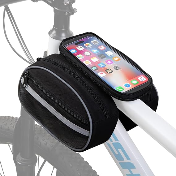 Smasrob Bike Frame Bag, Bicycle Handlebar Bag, Bike Phone Bag, Black | Detachable Touchscreen Phone Window, 4 Zipper Pockets, Night Reflective Strips, Fits Most Bikes
