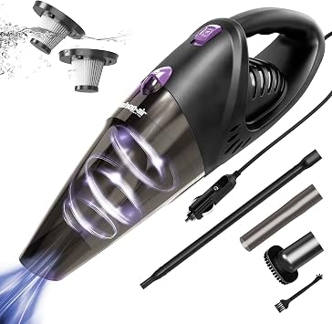Car Vacuum Cleaner, 12V/106W High Power Handheld Portable Car Vacuum with 16 Ft Cord, Attachments, Filters and Storage Bag, Suitable for All Vehicles (Purple Button)