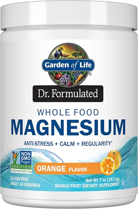 Garden of Life Dr. Formulated Whole Food Magnesium 197.4g Powder - Orange, Chelated, Non-GMO, Vegan, Kosher, Gluten & Sugar Free Supplement with Probiotics - Best for Anti-Stress, Calm & Regularity