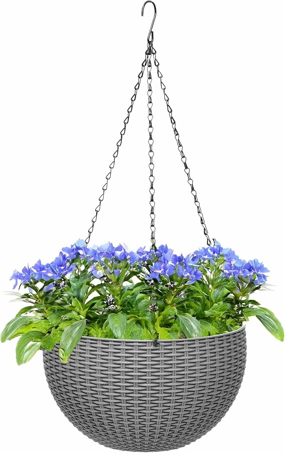 ADEPTNA Beautiful Rattan Effect Hanging Planter – 26cm (10") Hanging Basket | Decorative Plant Pot for Home, Garden & Patio | Stylish Flower Bowl for Indoor & Outdoor Use (GREY)