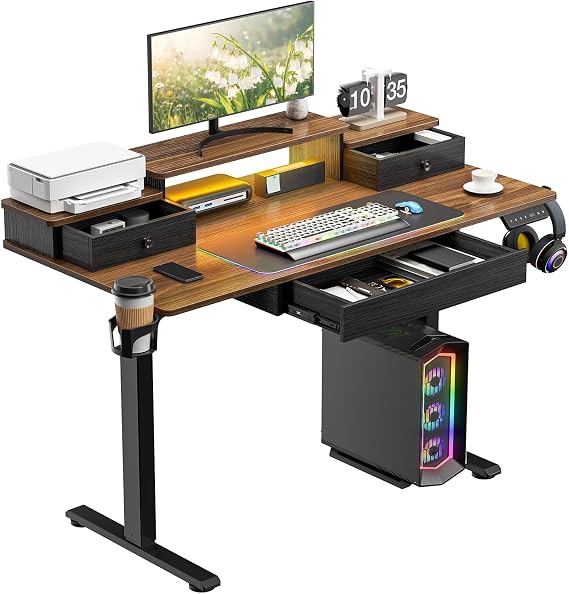 Electric Standing Desk, 120x60cm, Height Adjustable Gaming Desk with Drawer