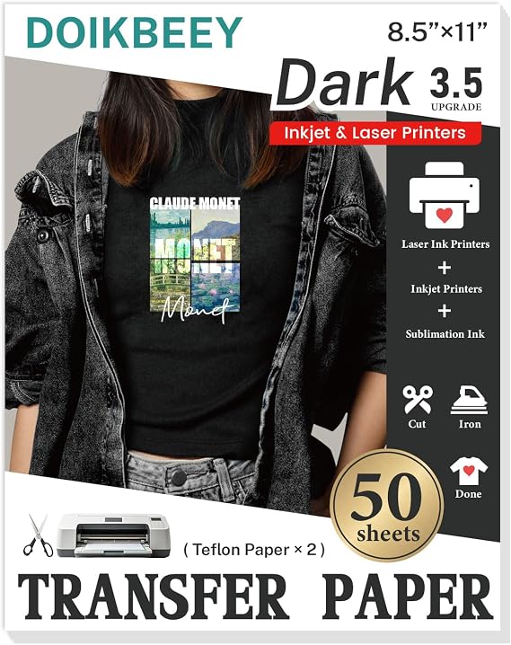 Heat Transfer Paper 50 Sheets, 8.5" X 11" Iron On Transfer Paper for Dark T Shirts & Fabric Printable HTV Heat Transfer Vinyl for Inkjet Printer