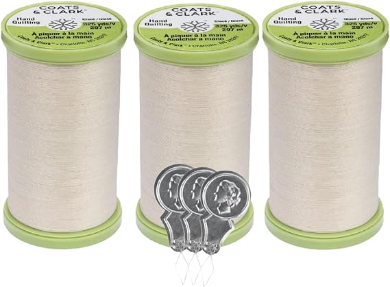 Coats & Clark Hand Quilting Sewing Thread Cotton Covered Polyester 325 Yards S960 3 Pack Bundle with 3 Bella's Crafts Needle Threaders (Natural)