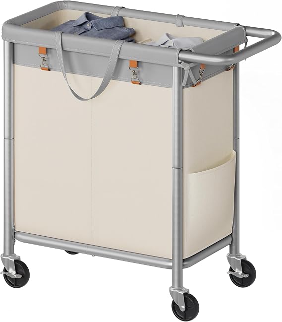 SONGMICS HOME Rolling Laundry Basket with 2 Compartments, 37-Gallon Laundry Hamper with Wheels, Removable Liner, Gray and White