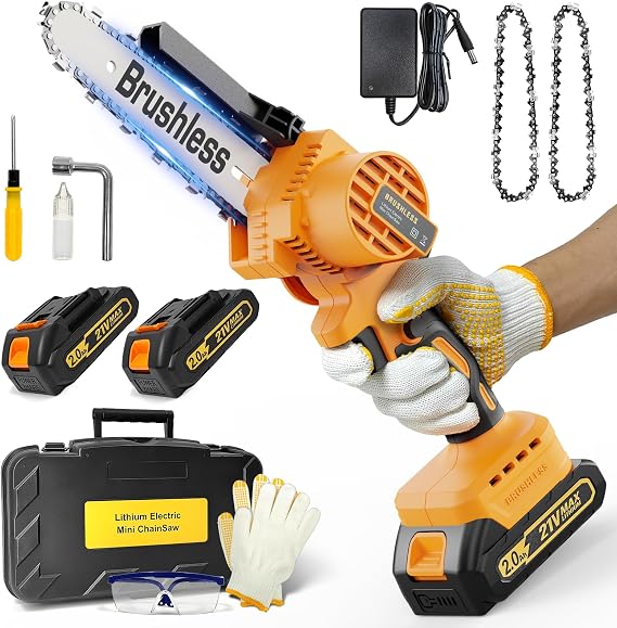 Mini Chainsaw Cordless 6 Inch,Portable Electric Chainsaw Cordless, Brushless Electric Handheld Chain Saw with 2x2000mAh Batteries, Battery Powered Handheld Saw for Garden Pruning, Storm Cleanup