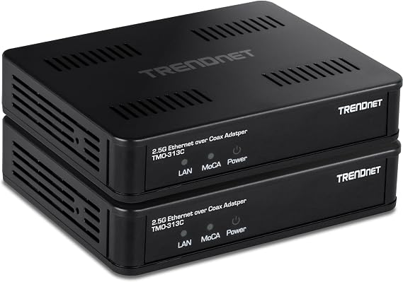TRENDnet 2.5Gbps Ethernet Over Coax Adapter (2-Pack), TMO-313C2K | 1 x MoCA Coax F-Type Female Coax Input, 1 x 2.5Gbps RJ45 LAN Port, NDAA & TAA Compliant