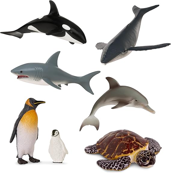 Terra by Battat Sea Life Animals, Ocean Animal Figures Set, 6-Piece Set | 7 ocean animal figures with shark, dolphin, whales, turtle, emperor penguin and baby for sensory bins and play, 3+ Years