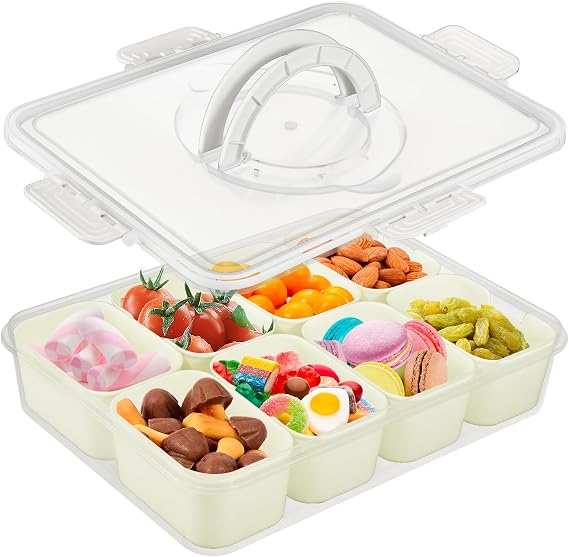 Divided Veggie Tray with Lid and Handle Serving Tray Portable Travel Snack Storage Containers Stackable Snackle Box Charcuterie Container for Fruit,Vegetable,Salad (1Pc 8 Compartments)