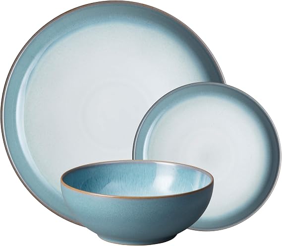 Denby Azure Blue Dinner Set For 4 - 12 Piece Ceramic Tableware Set - 4 Dinner Plates, 4 Small Plates, 4 Cereal Bowls - Dishwasher & Microwave Safe
