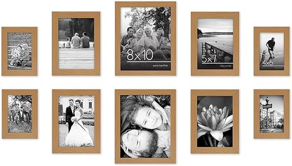 Americanflat 10'lu Kırılmaz Camlı Fotoğraf Çerçevesi Seti, İki 20,32x25,4 cm, Dört 12,7x17,8 cm ve Dört 10,16x15,24 cm Çerçeve ile Galeri Duvar Çerçevesi Seti İmza Koleksiyonu Koyu Meşe
