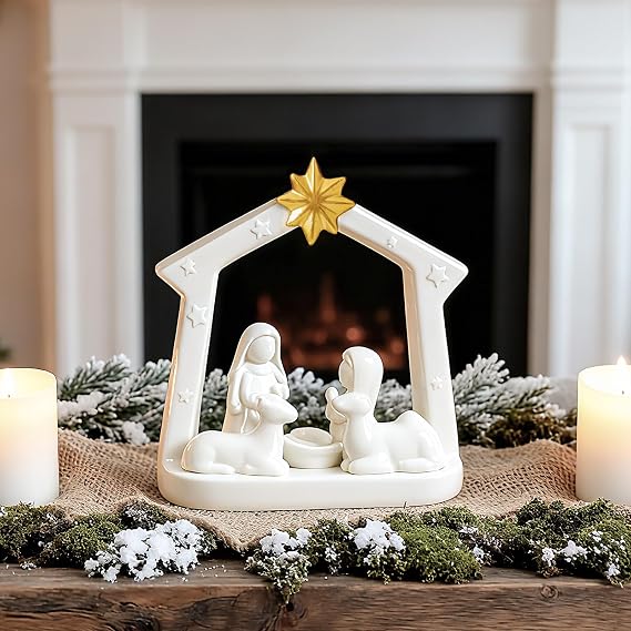 DN DECONATION White Ceramic Nativity Set for Christmas Indoor for Tabletop | Porcelain Nativity Scene with Manger, Modern Christmas Holy Family Nativity Sets & Figures for Home Shelf Display Decoration