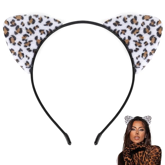 White Cheetah Ears Headband, Snow Leopard Ears Headband for Women, Fluffy Leopard Print Cat Ear Hairband Halloween Accessories Cheetah Costume Headwear for Party Cosplay Role Play Headwear